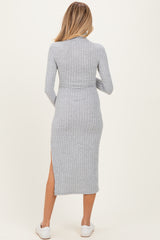 Light Grey Ribbed Knit Turtleneck Side Slit Maternity Dress