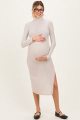 Beige Ribbed Knit Turtleneck Side Slit Maternity Dress