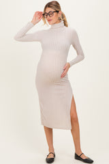 Beige Ribbed Knit Turtleneck Side Slit Maternity Dress