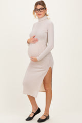 Beige Ribbed Knit Turtleneck Side Slit Maternity Dress