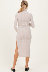 Beige Ribbed Knit Turtleneck Side Slit Maternity Dress