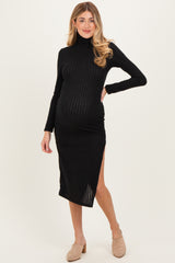 Black Ribbed Knit Turtleneck Side Slit Maternity Dress