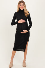Black Ribbed Knit Turtleneck Side Slit Maternity Dress