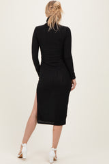 Black Ribbed Knit Turtleneck Side Slit Dress