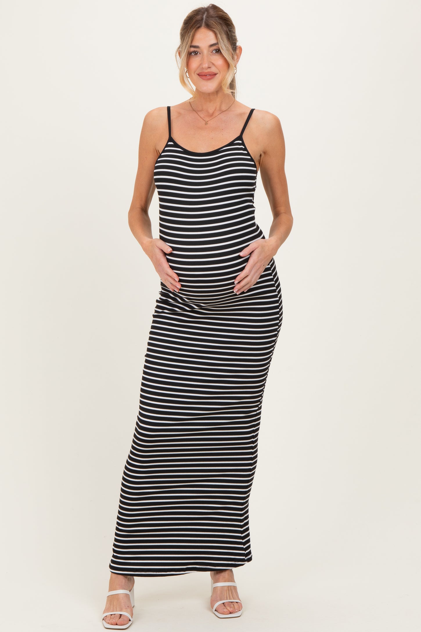 Black Ribbed Knit Striped Sleeveless Maternity Maxi Dress