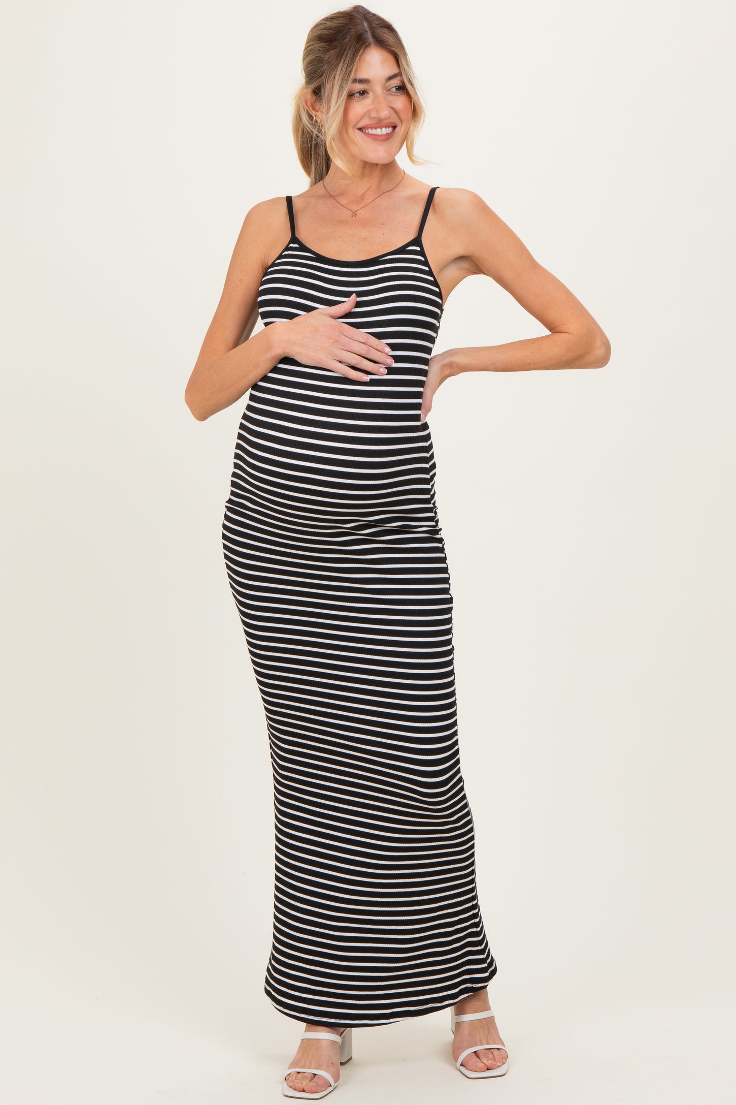 Black Ribbed Knit Striped Sleeveless Maternity Maxi Dress