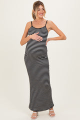Black Ribbed Knit Striped Sleeveless Maternity Maxi Dress