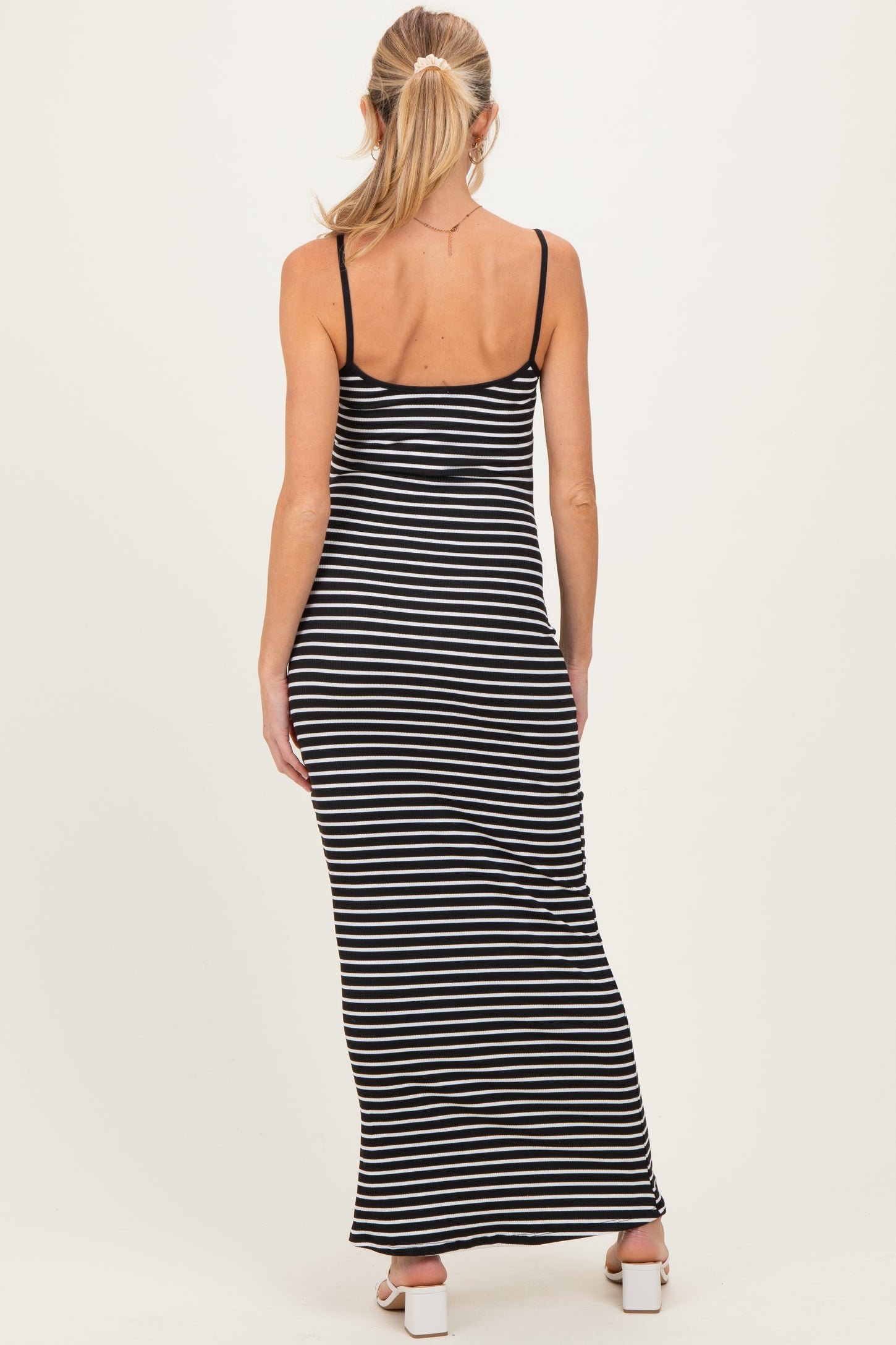 Black Ribbed Knit Striped Sleeveless Maternity Maxi Dress