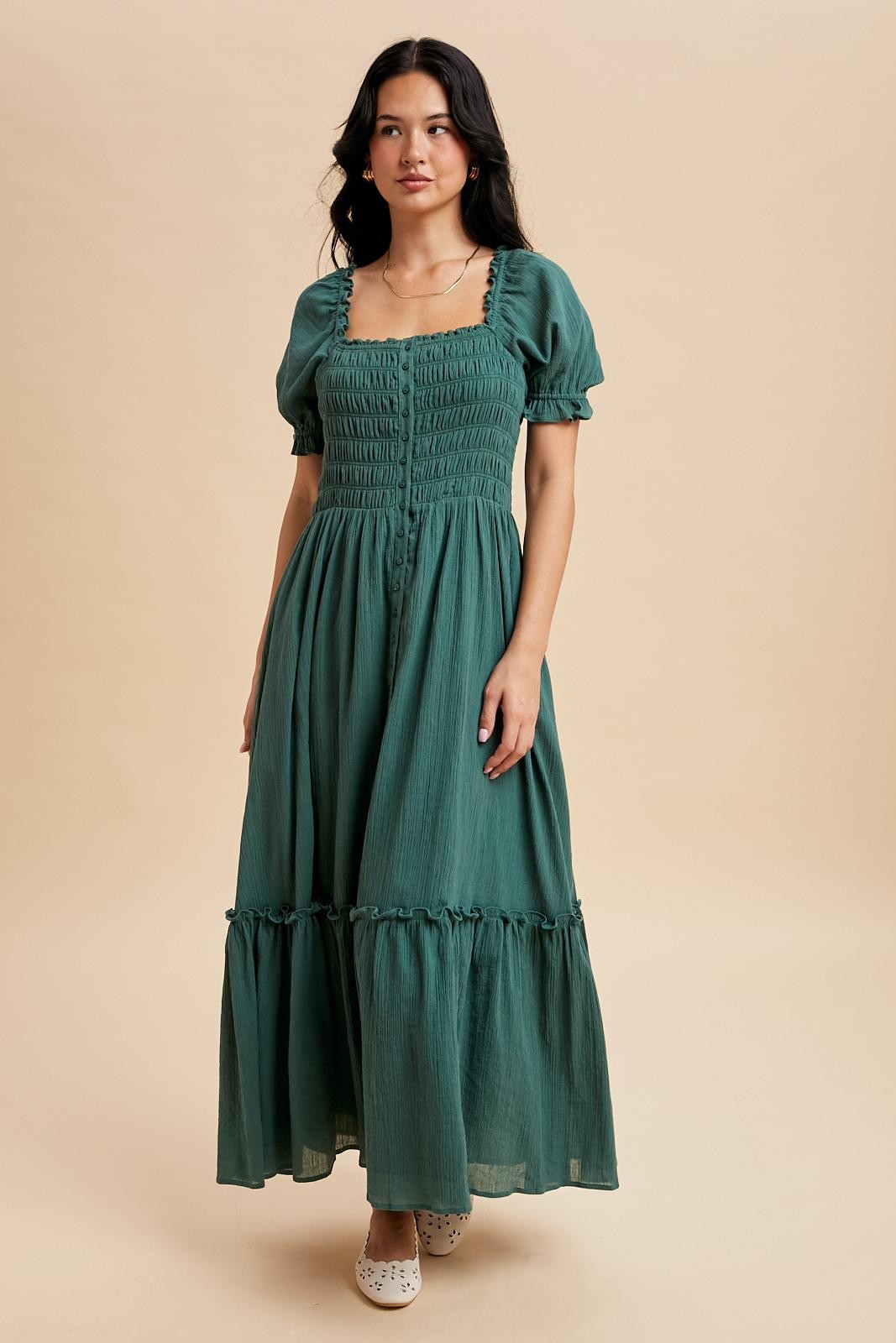 green smocked maxi dress Green Square Neck Smocked Tiered Chiffon Maxi Dress