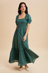 Forest Green Smocked Button Down Maxi Dress