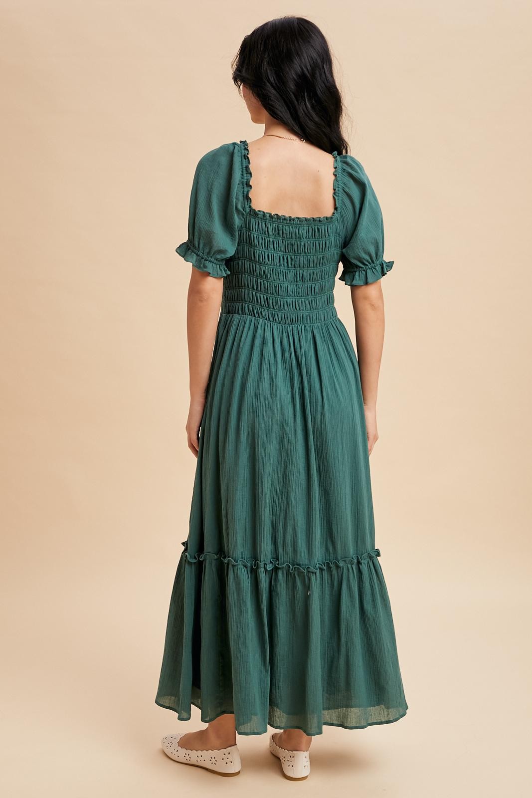 Forest Green Smocked Button Down Maxi Dress