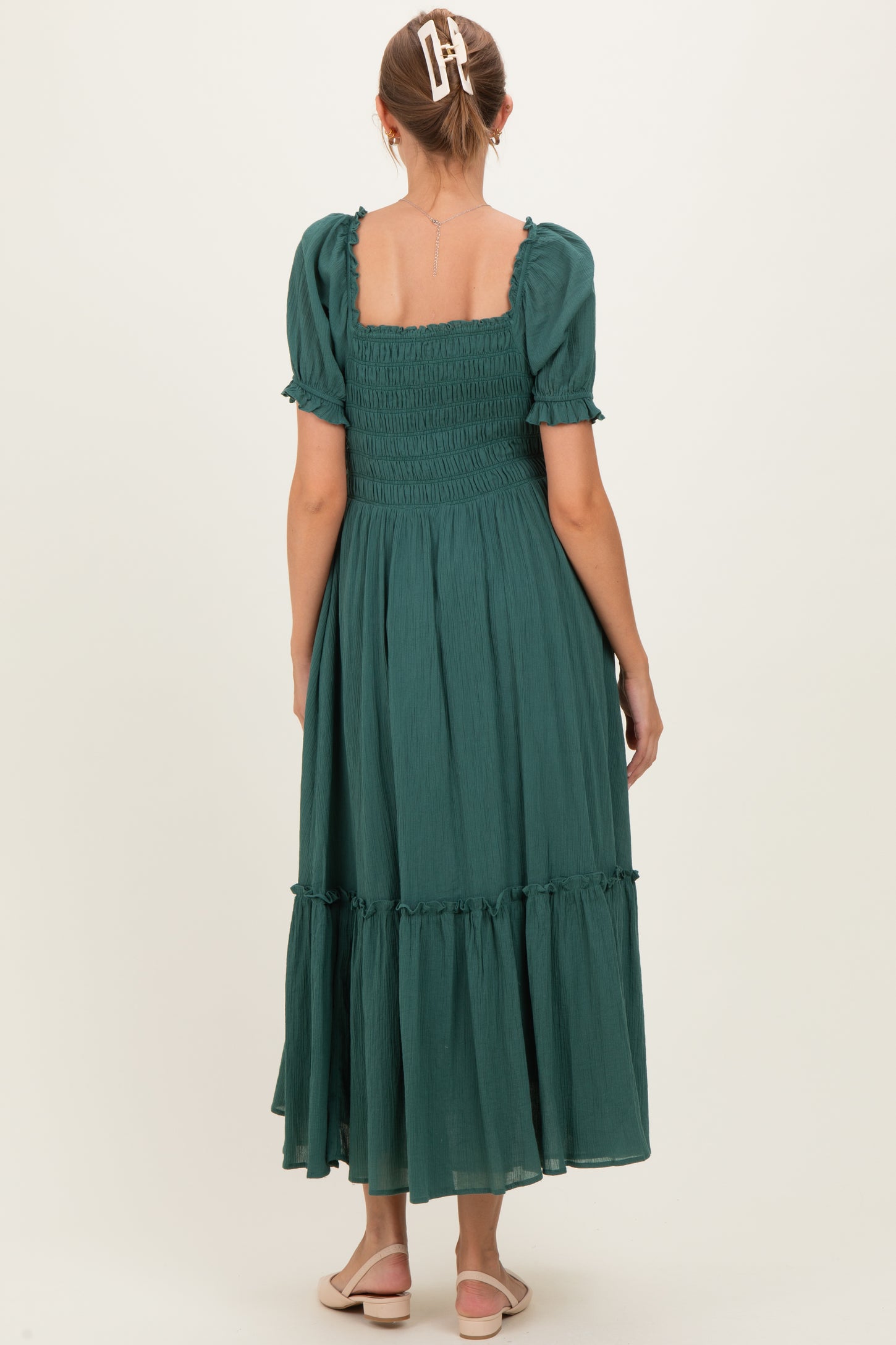 Forest Green Smocked Button Down Maternity Maxi Dress