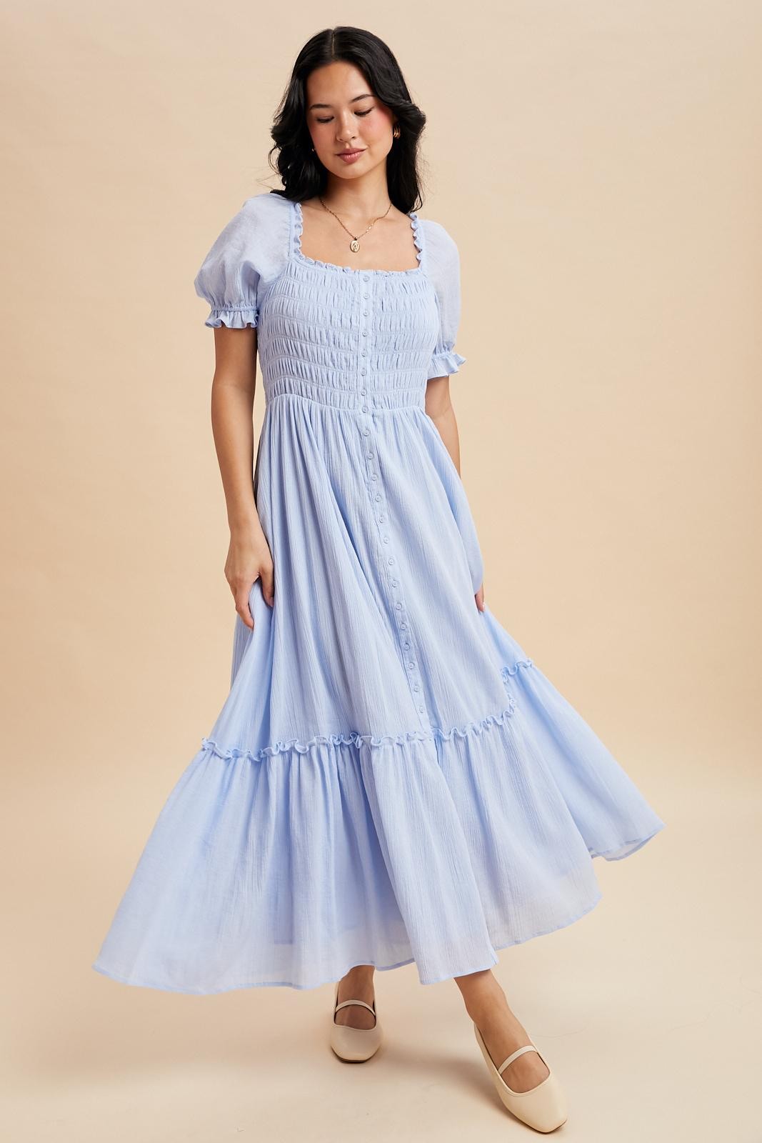Light Blue Smocked Button Down Maternity Maxi Dress
