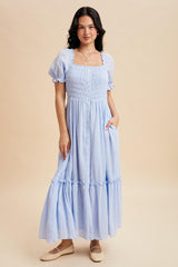 Light Blue Smocked Button Down Maxi Dress