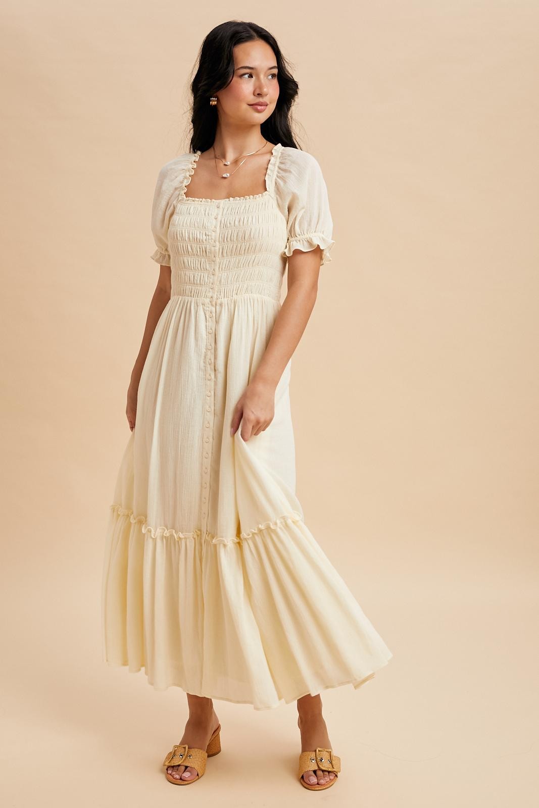 Light Yellow Smocked Button Down Maxi Dress