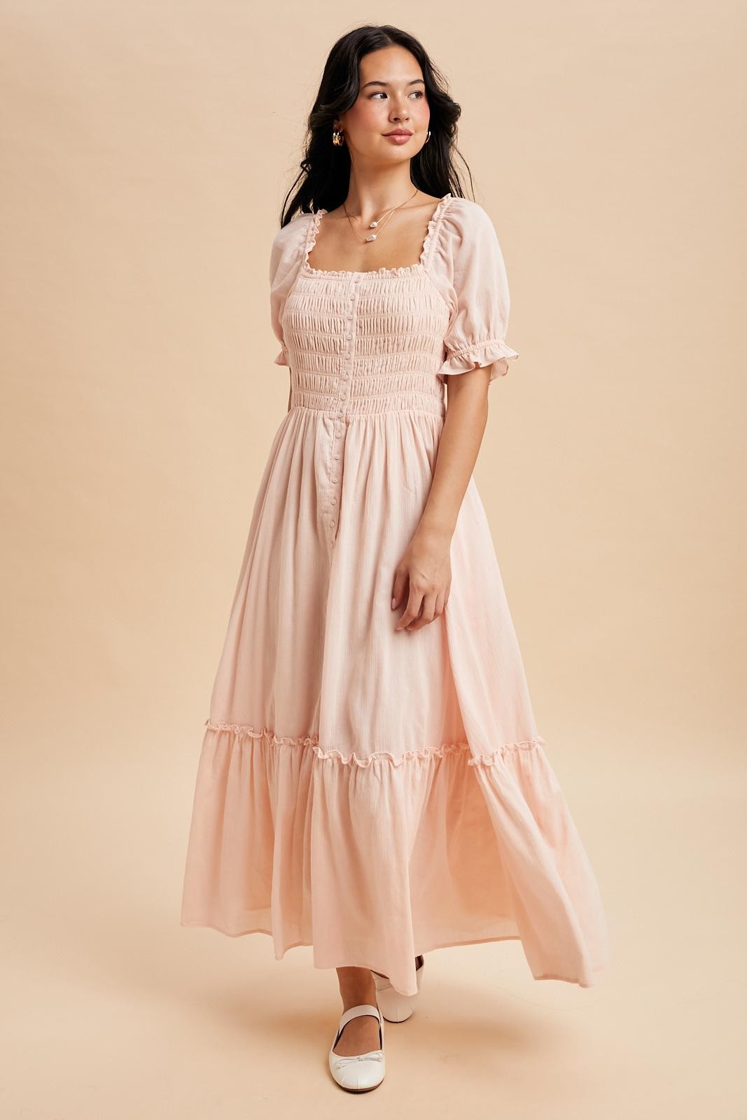 Light Pink Smocked Button Down Maternity Maxi Dress
