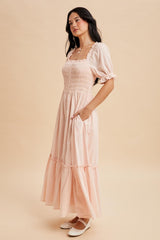 Light Pink Smocked Button Down Maxi Dress