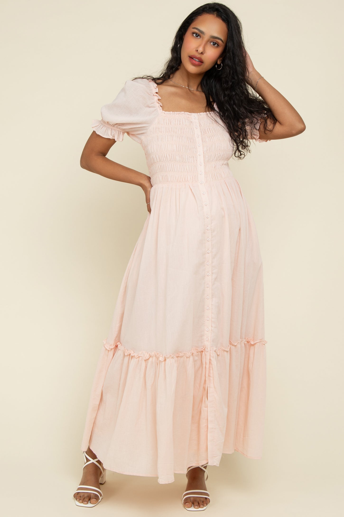 Light Pink Smocked Button Down Maternity Maxi Dress