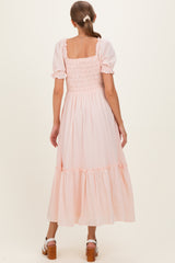 Light Pink Smocked Button Down Maternity Maxi Dress