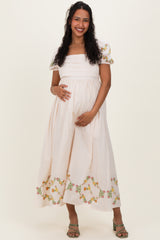 Creme Embroidered Floral Pleated Bodice Maternity Maxi Dress