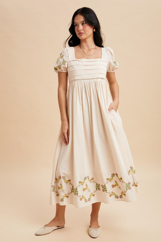 Creme Embroidered Floral Pleated Bodice Maxi Dress Creme Embroidered Floral Pleated Bodice Maxi Dress