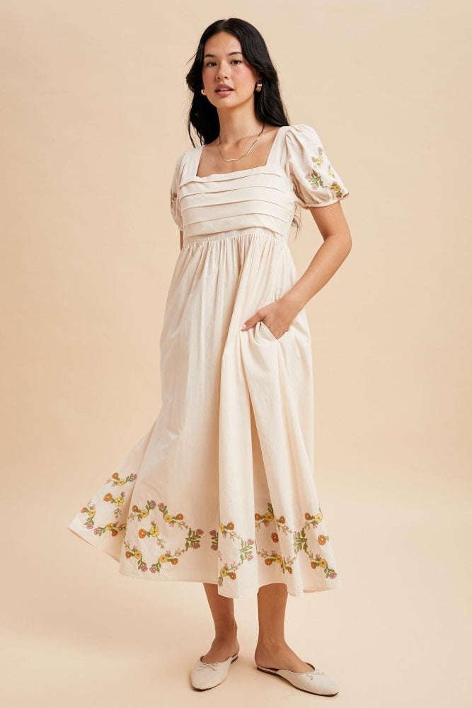 Creme Embroidered Floral Pleated Bodice Maxi Dress