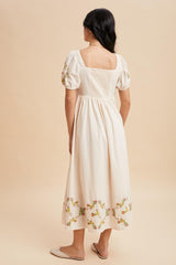 Creme Embroidered Floral Pleated Bodice Maxi Dress