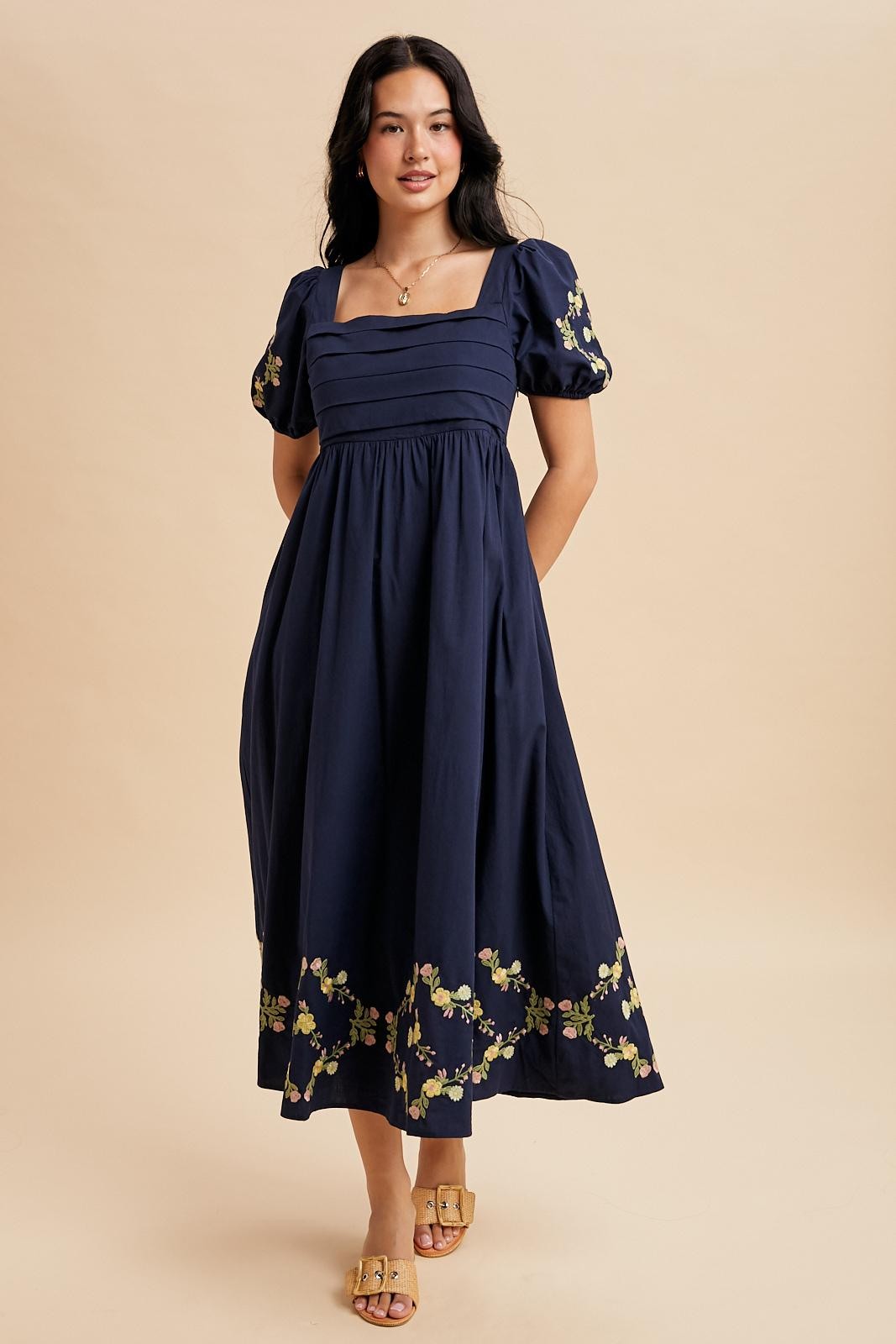 Navy Embroidered Floral Pleated Bodice Maxi Dress – PinkBlush