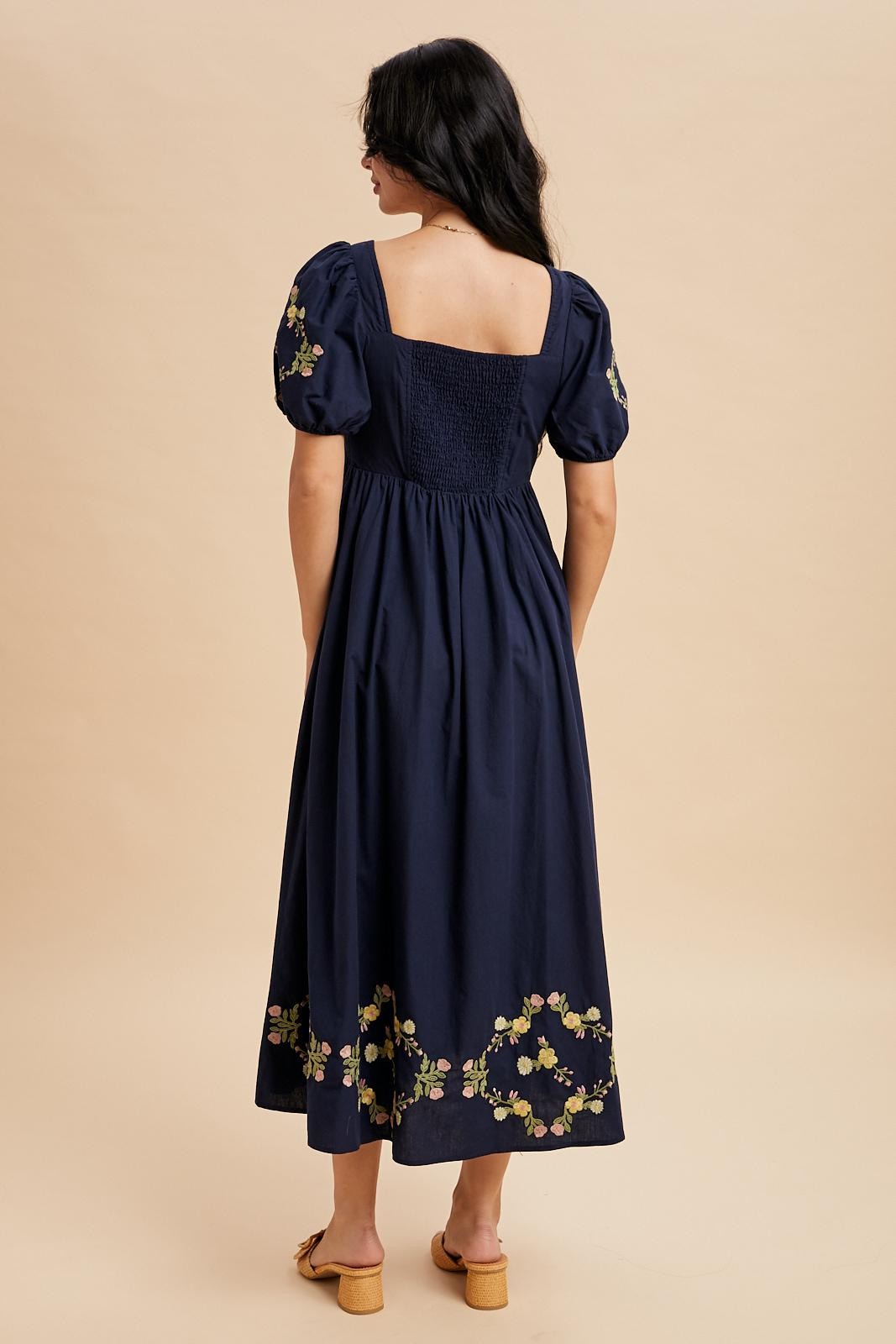 pleated dresses and embroidery Navy Embroidered Floral Bodice Maxi Dress – PinkBlush Model is 59 and Size:14 Years Light Blue Cocktail Dresses Mother of The Bride
