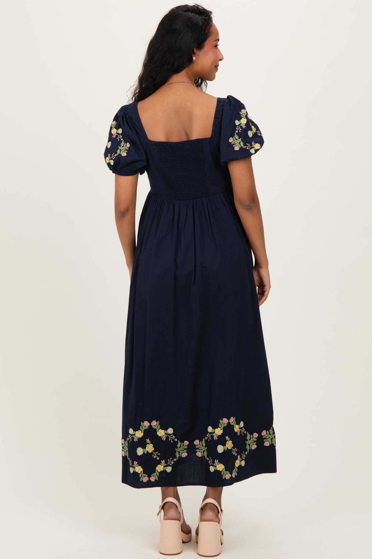 navy pleated floral dress Azazie Durant