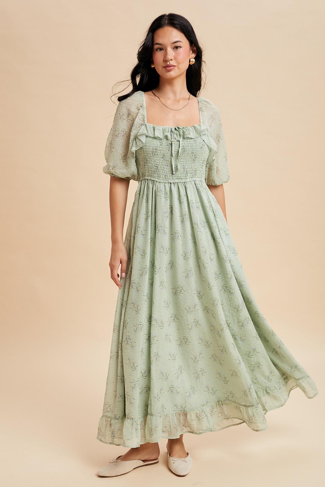 Sage Floral Chiffon Smocked Ruffle Maternity Maxi Dress