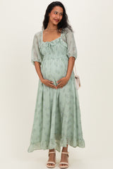 Sage Floral Chiffon Smocked Ruffle Maternity Maxi Dress
