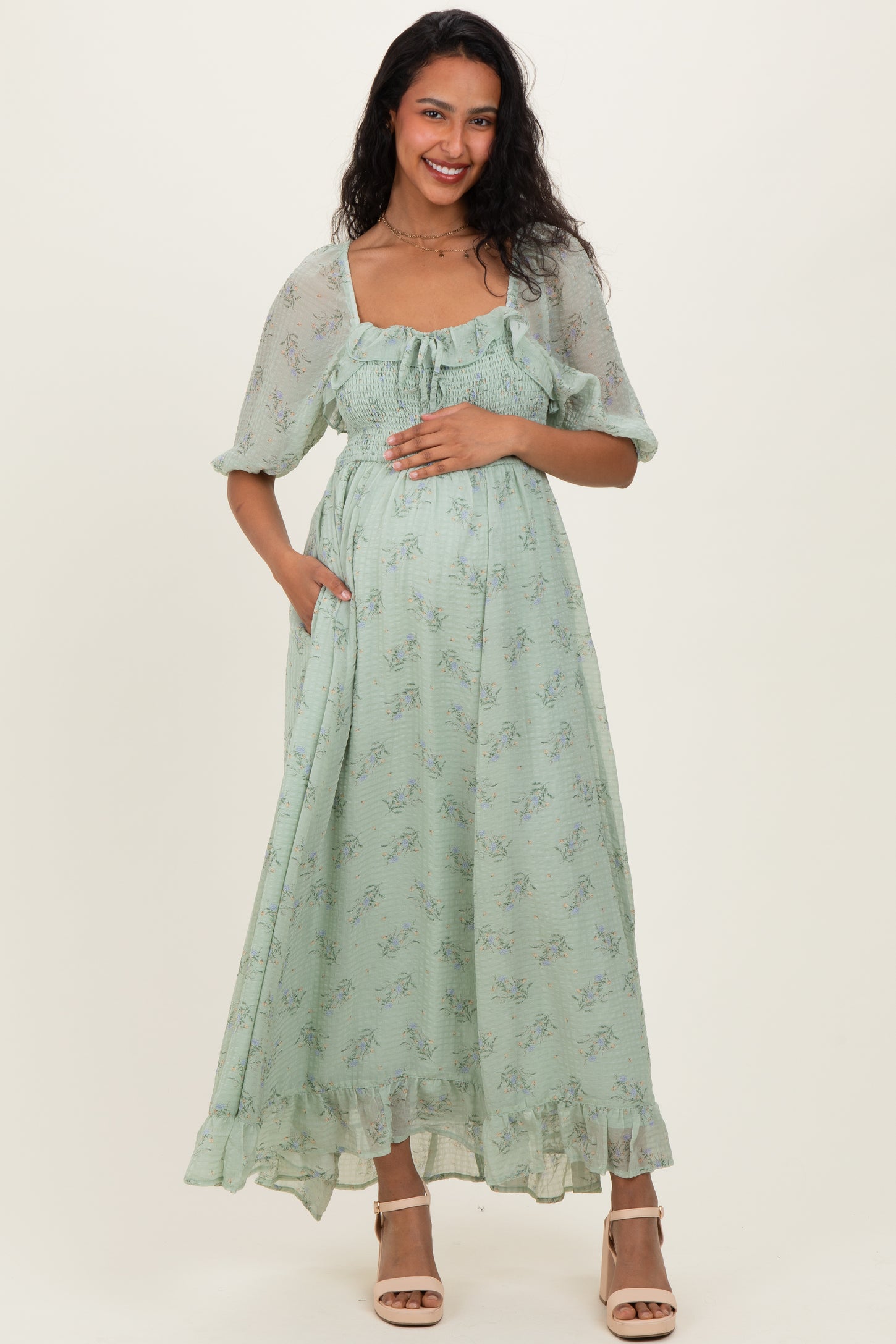 Sage Floral Chiffon Smocked Ruffle Maternity Maxi Dress