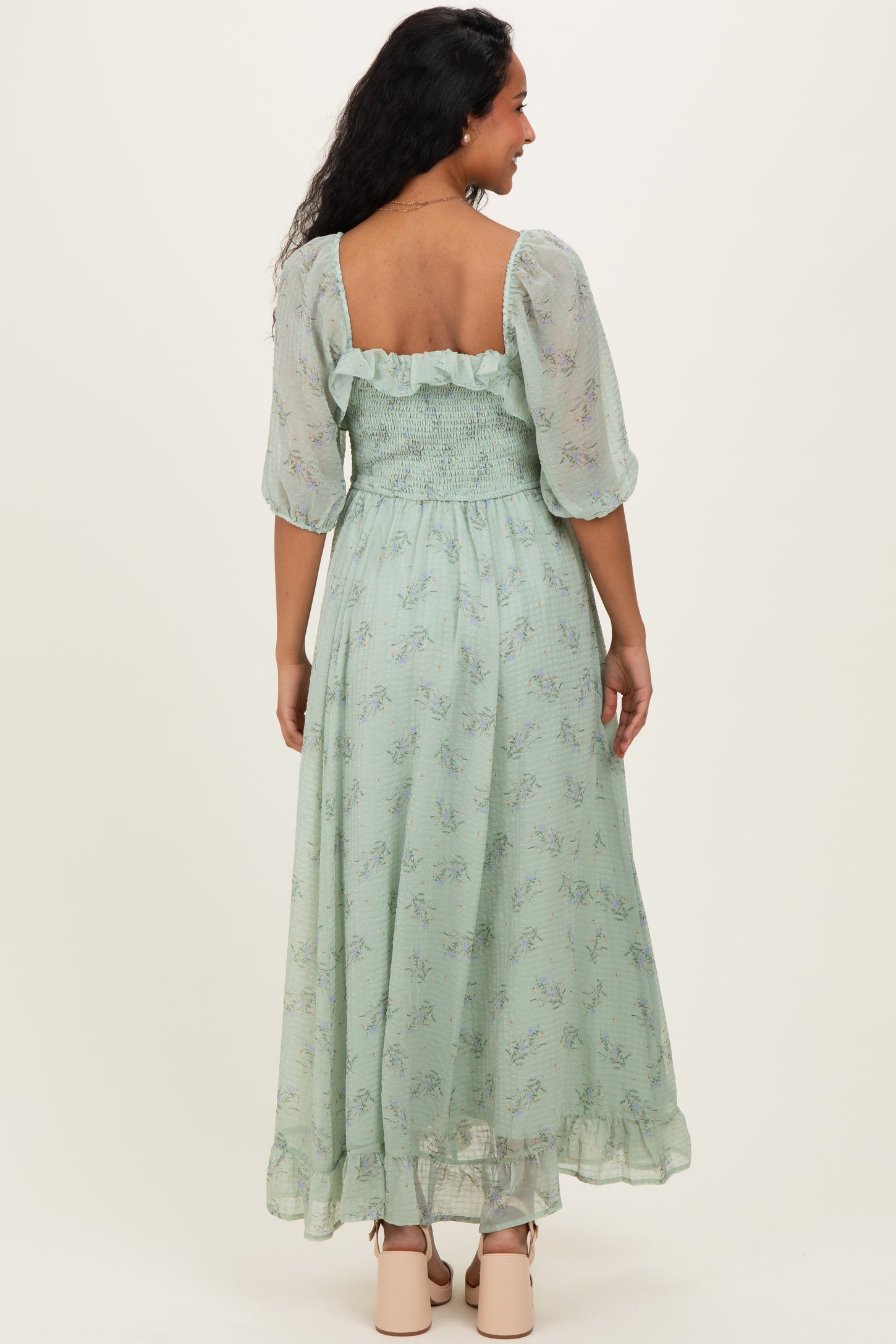 Sage Floral Chiffon Smocked Ruffle Maternity Maxi Dress