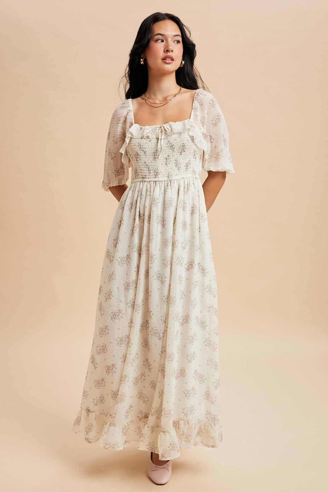 white floral chiffon maxi dress White Floral Chiffon Ruffle Gown With 3D Flower Straps