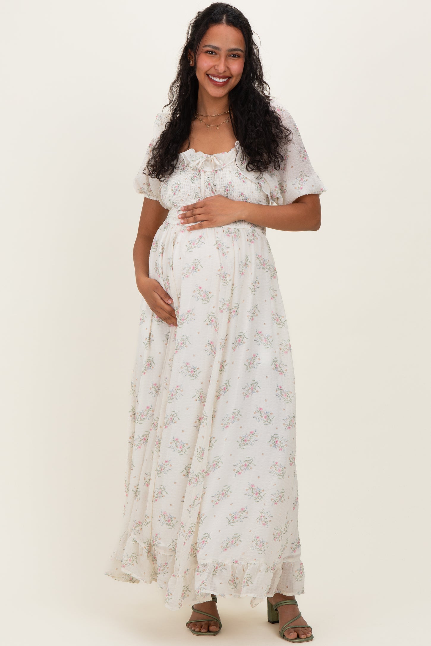 Creme Floral Chiffon Smocked Ruffle Maternity Maxi Dress
