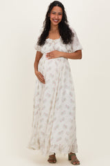 Creme Floral Chiffon Smocked Ruffle Maternity Maxi Dress