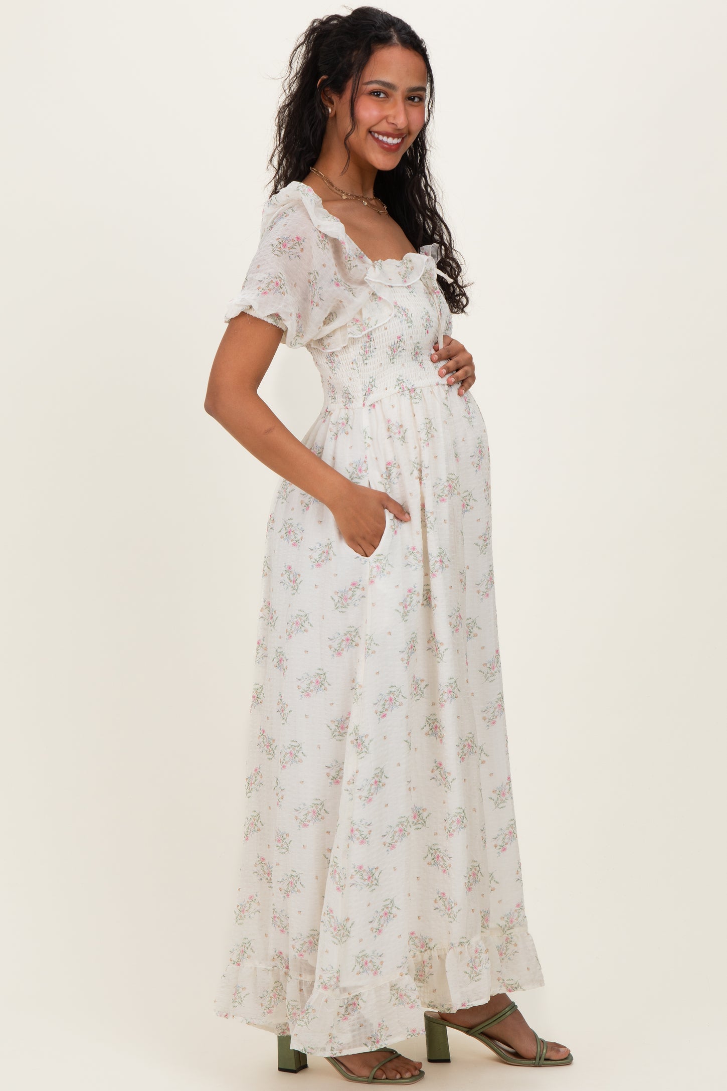 Creme Floral Chiffon Smocked Ruffle Maternity Maxi Dress