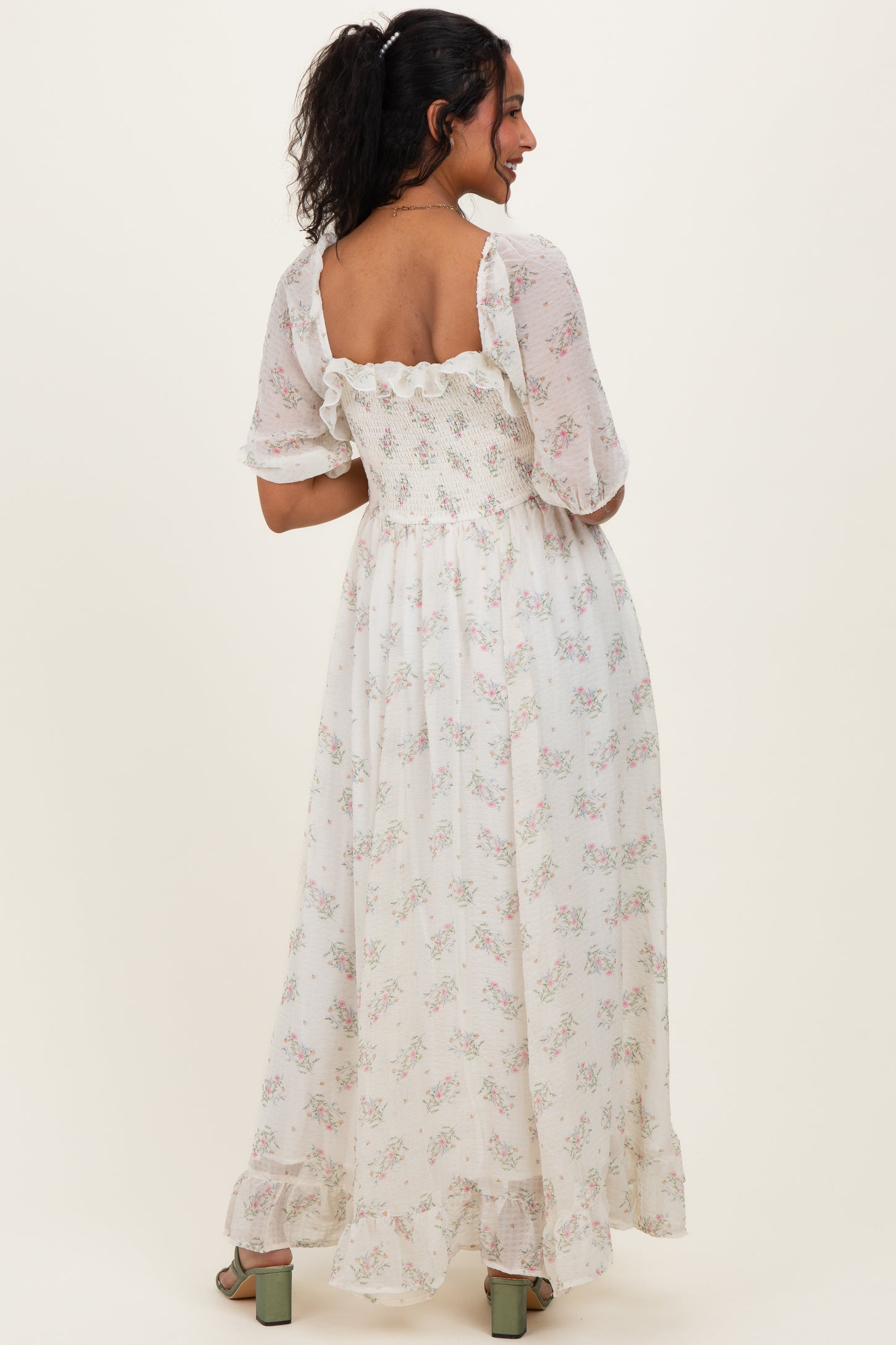 Creme Floral Chiffon Smocked Ruffle Maternity Maxi Dress