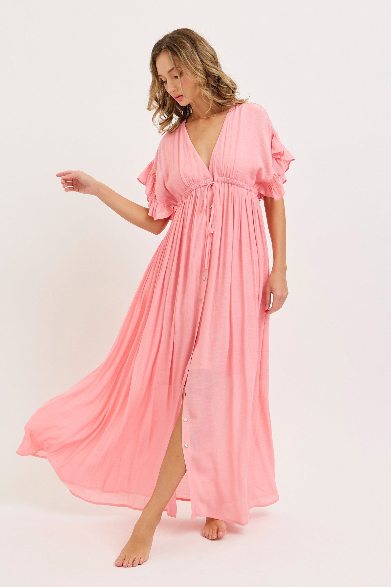 Pink Button Down Deep V-Neck Maternity Maxi Dress