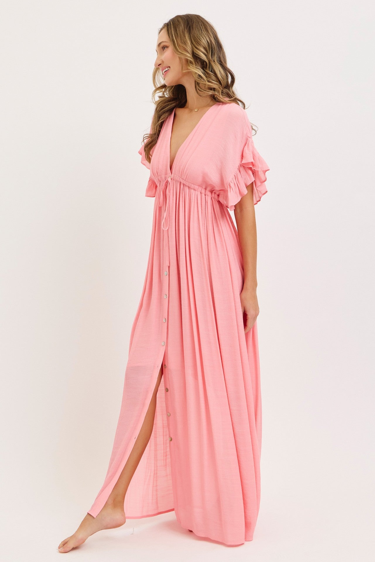 Pink Button Down Deep V-Neck Maxi Dress