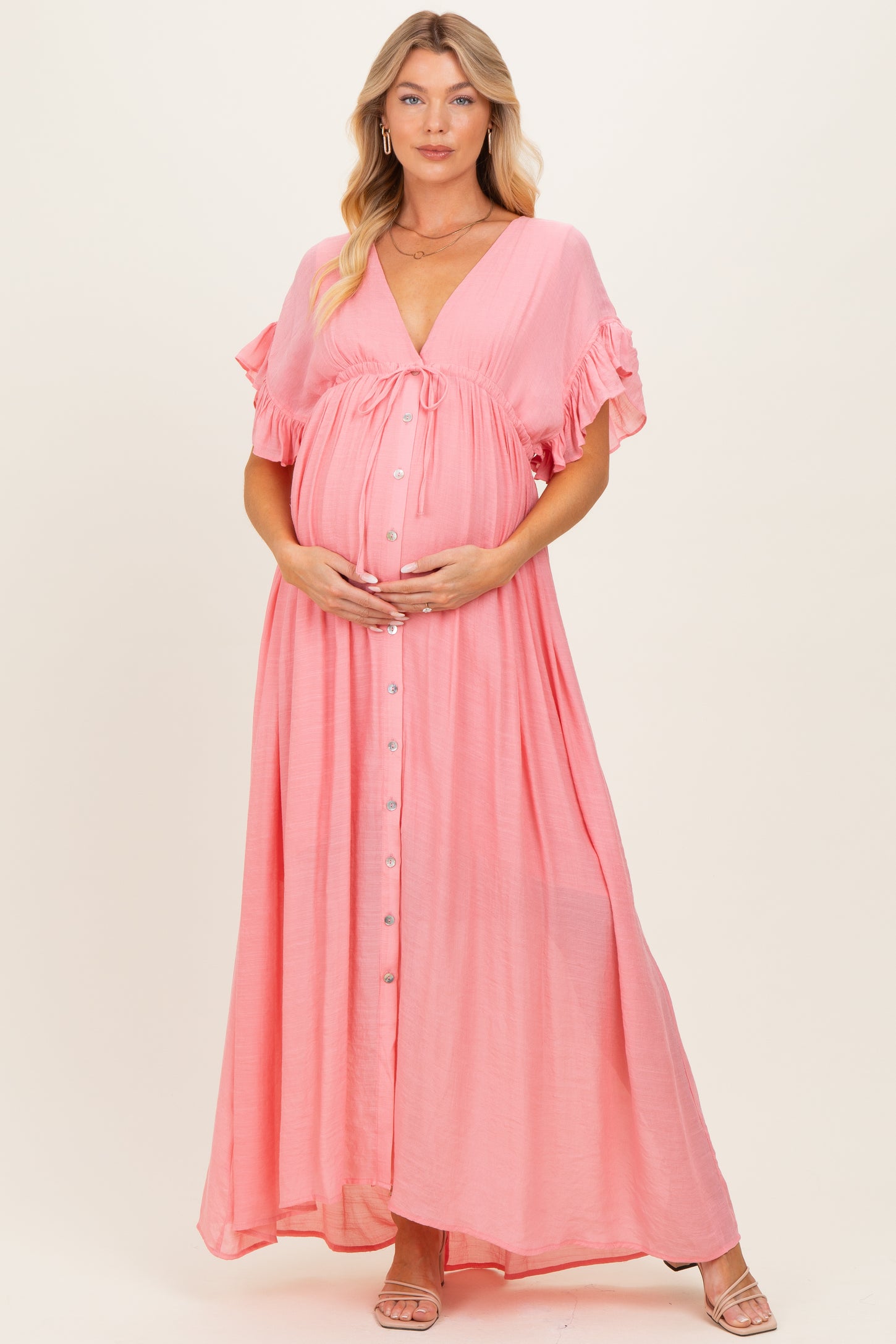 maternity deep v-neck buttons long sleeve ruffled photoshoot dress Momyknows White Deep V Neck Button Down Boho Beach Bikini Cover Up Dress Party Photoshoot Maternity Dress