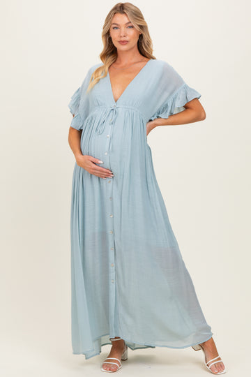 Light Blue Button Down Deep V-Neck Maternity Maxi Dress