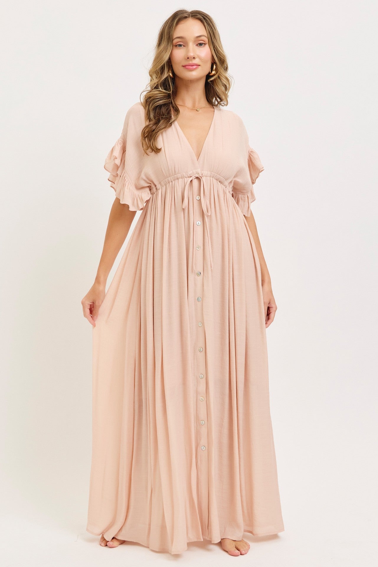 Light Pink Button Down Deep V-Neck Maxi Dress
