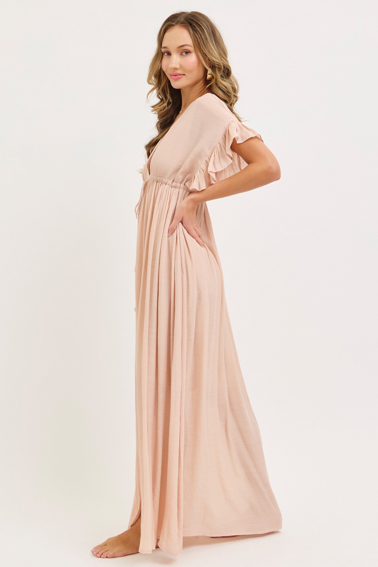 Light Pink Button Down Deep V-Neck Maxi Dress