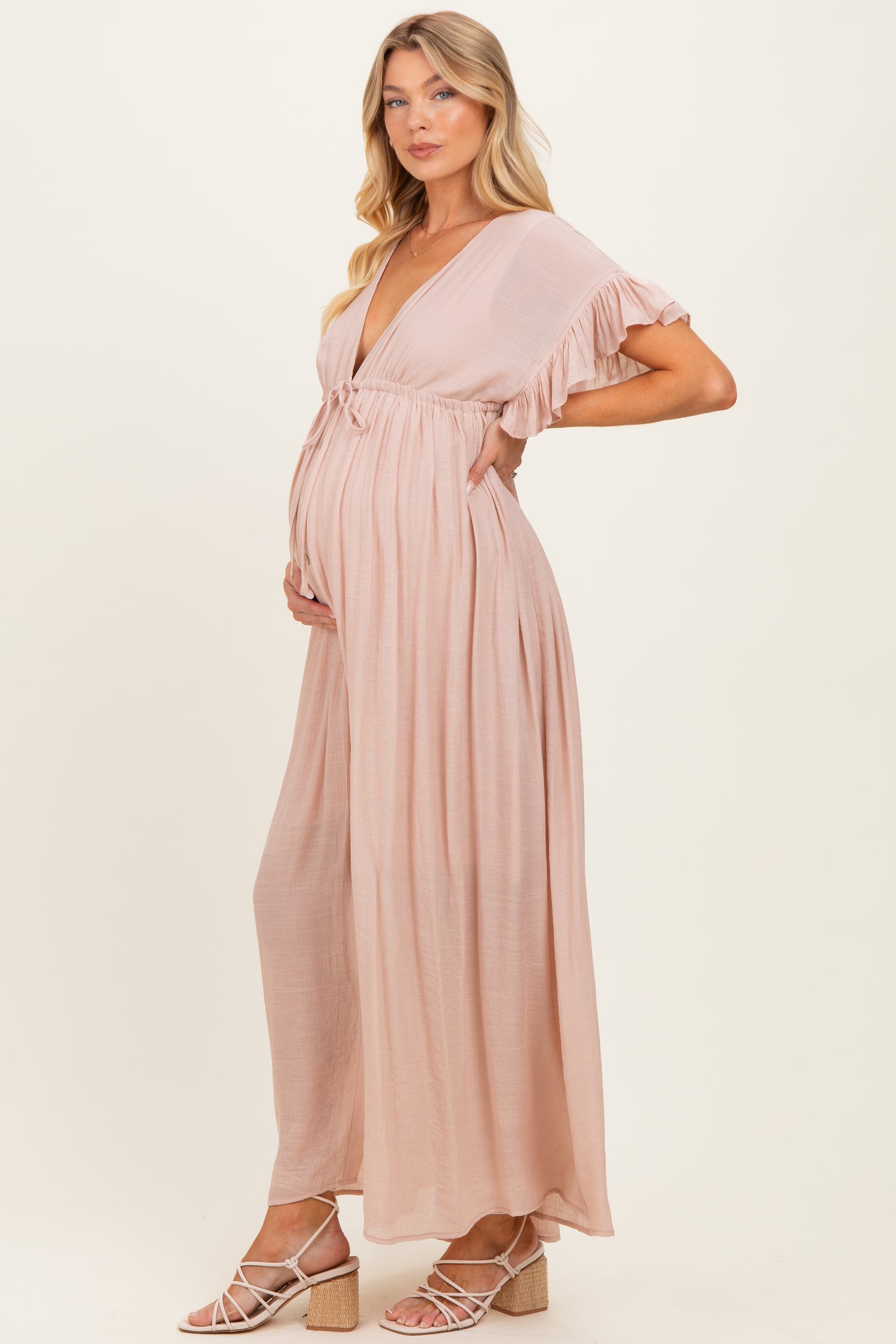 Light Pink Button Down Deep V-Neck Maternity Maxi Dress Light Pink Button Down Deep V-Neck Maternity Maxi Dress