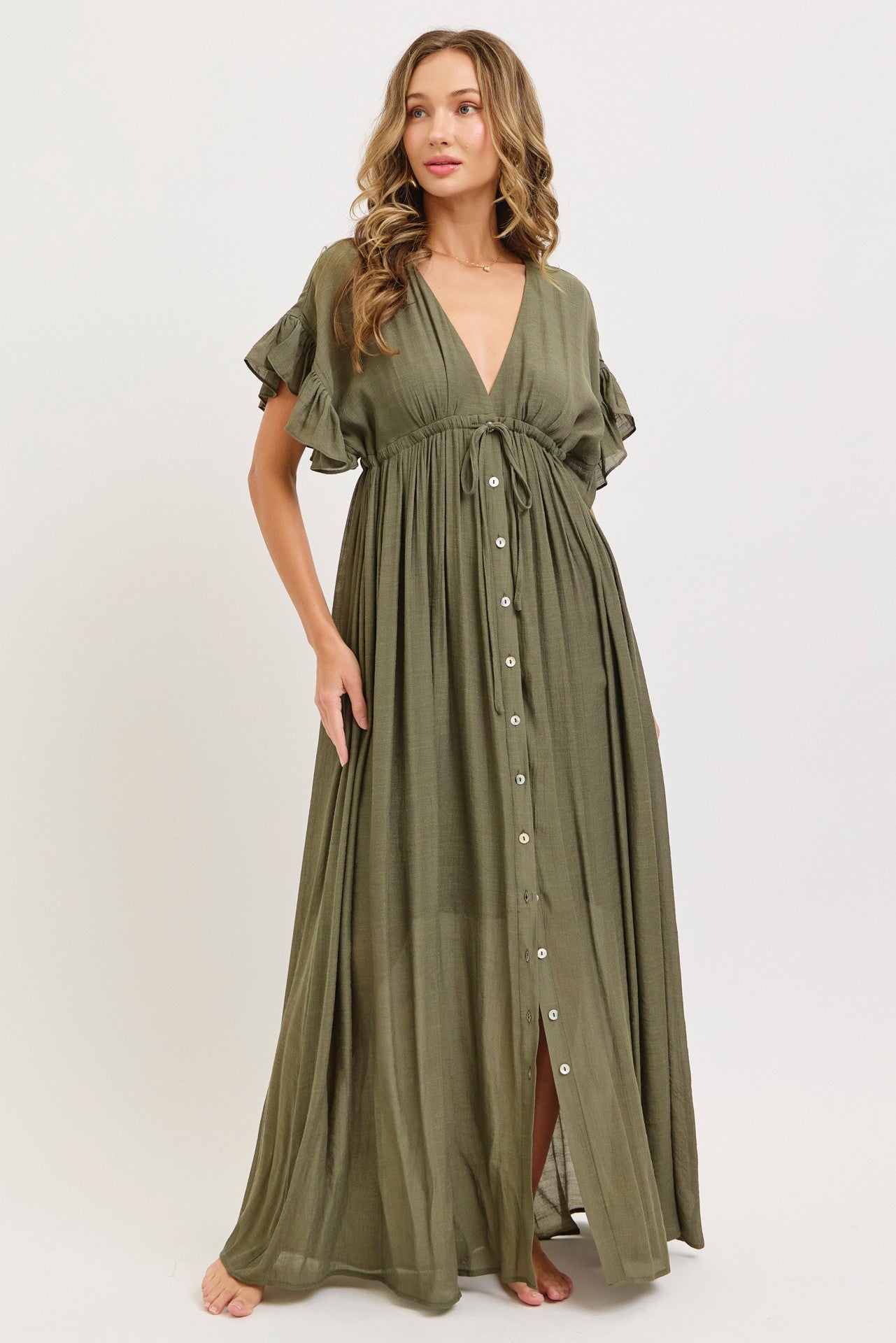 olive green plus size dress Olive Button Down Deep V-Neck Maternity Maxi Dress