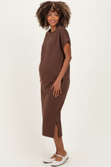 Brown Pocket Front Maternity Midi T-Shirt Dress