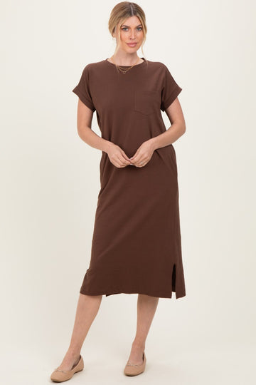 Brown Pocket Front Midi T-Shirt Dress