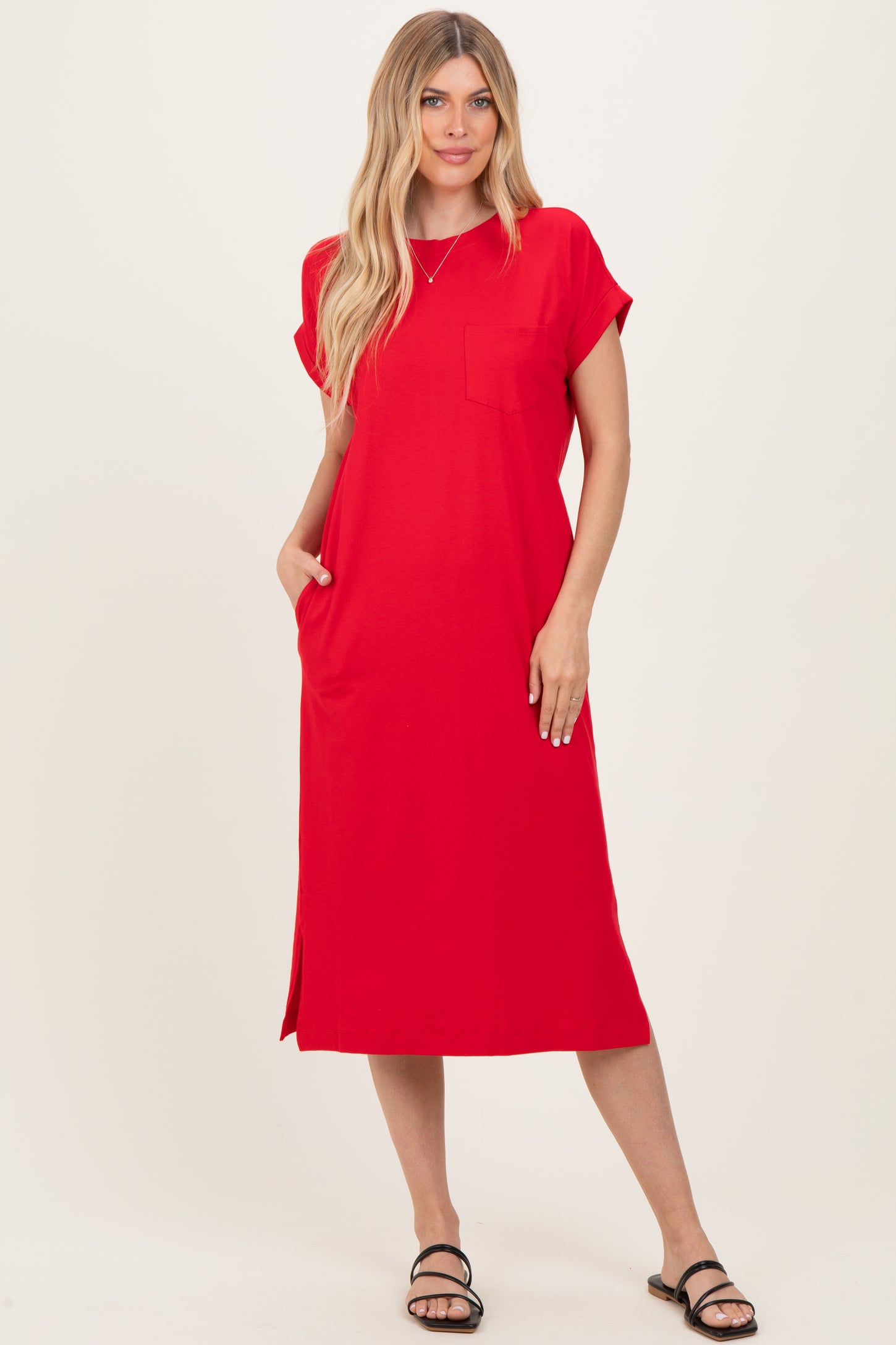 Red Pocket Front Midi T-Shirt Dress – PinkBlush